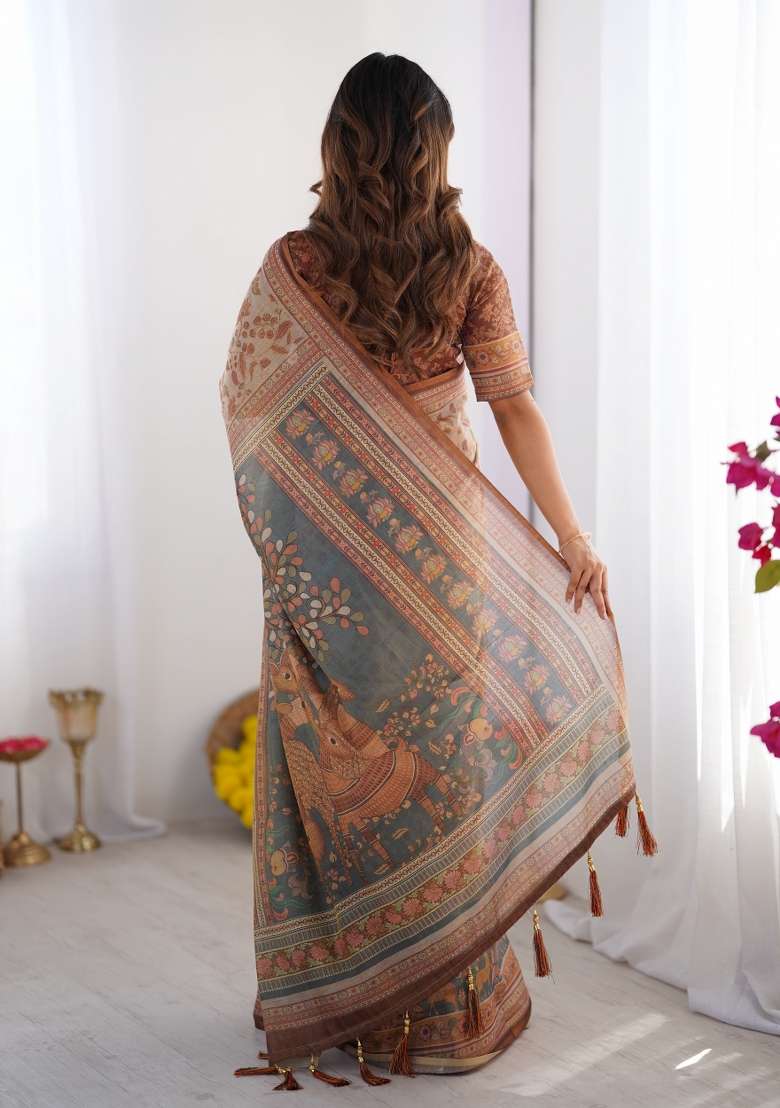 Multicolor Linen Saree for Diwali and Festive Wear - Indya