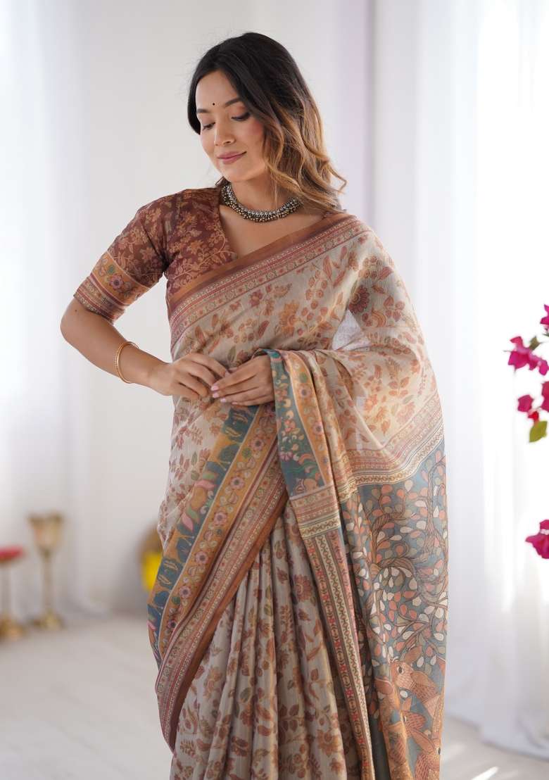 Multicolor Linen Saree for Diwali and Festive Wear - Indya