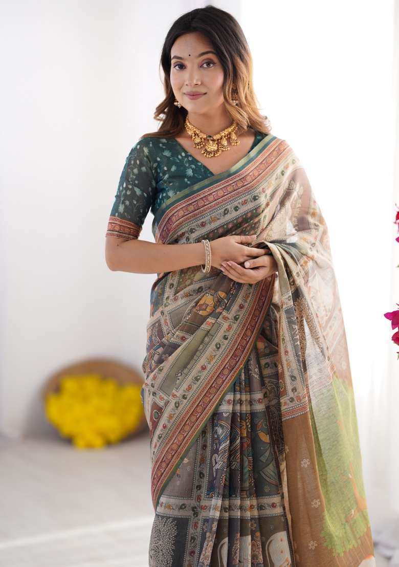 Multicolor Linen Saree for Diwali and Festive Wear - Indya