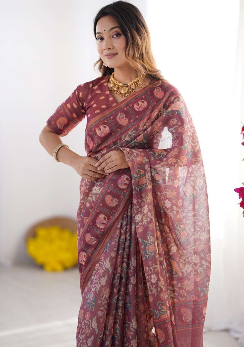 Multicolor Linen Saree for Diwali | Wedding & Festive Wear - Indya