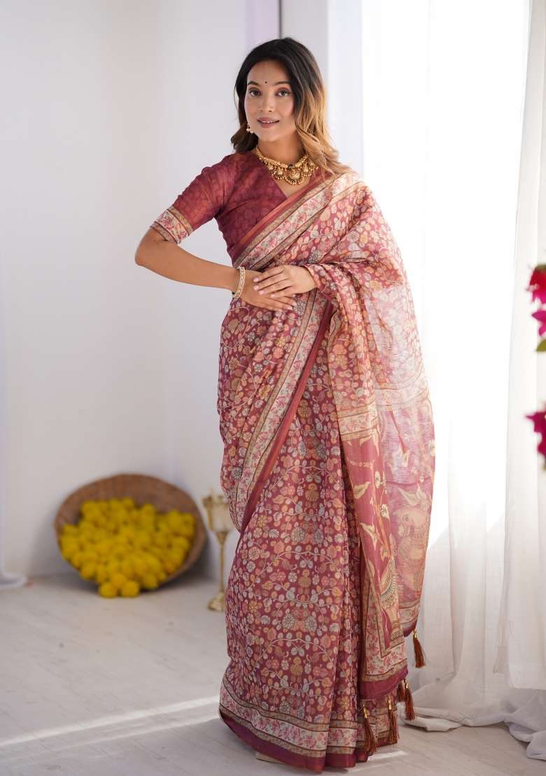 Multicolor Linen Saree for Diwali | Wedding & Festive Wear - Indya
