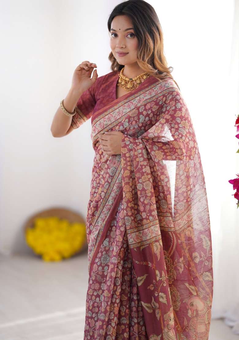 Multicolor Linen Saree for Diwali | Wedding & Festive Wear - Indya