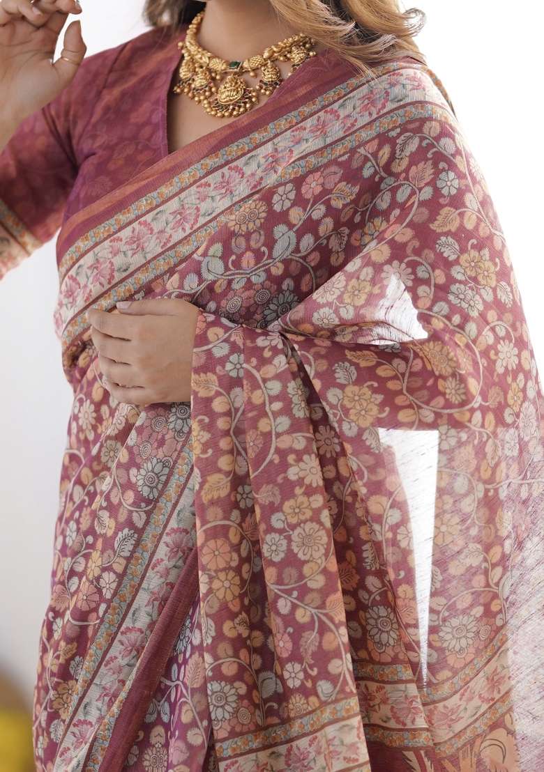 Multicolor Linen Saree for Diwali | Wedding & Festive Wear - Indya