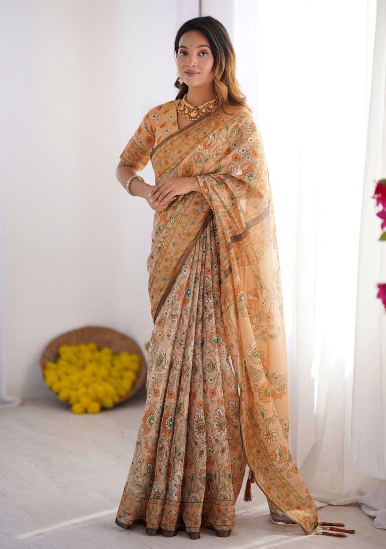 Multicolor Linen Saree for Diwali | Wedding & Festive Wear - Indya