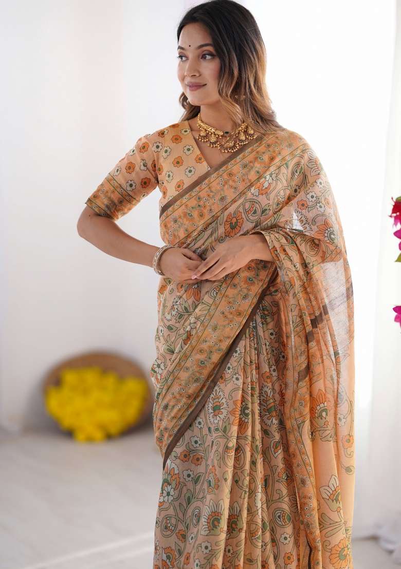 Multicolor Linen Saree for Diwali | Wedding & Festive Wear - Indya