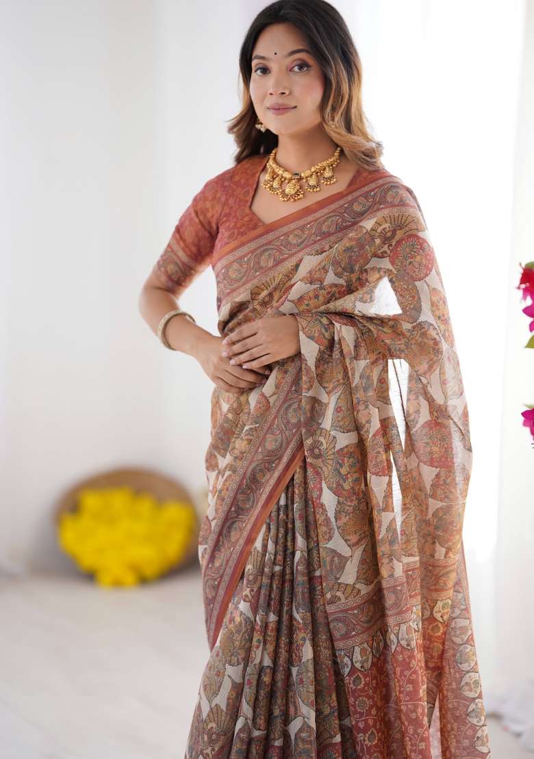 Multicolor Linen Saree for Diwali | Wedding & Festive Wear - Indya