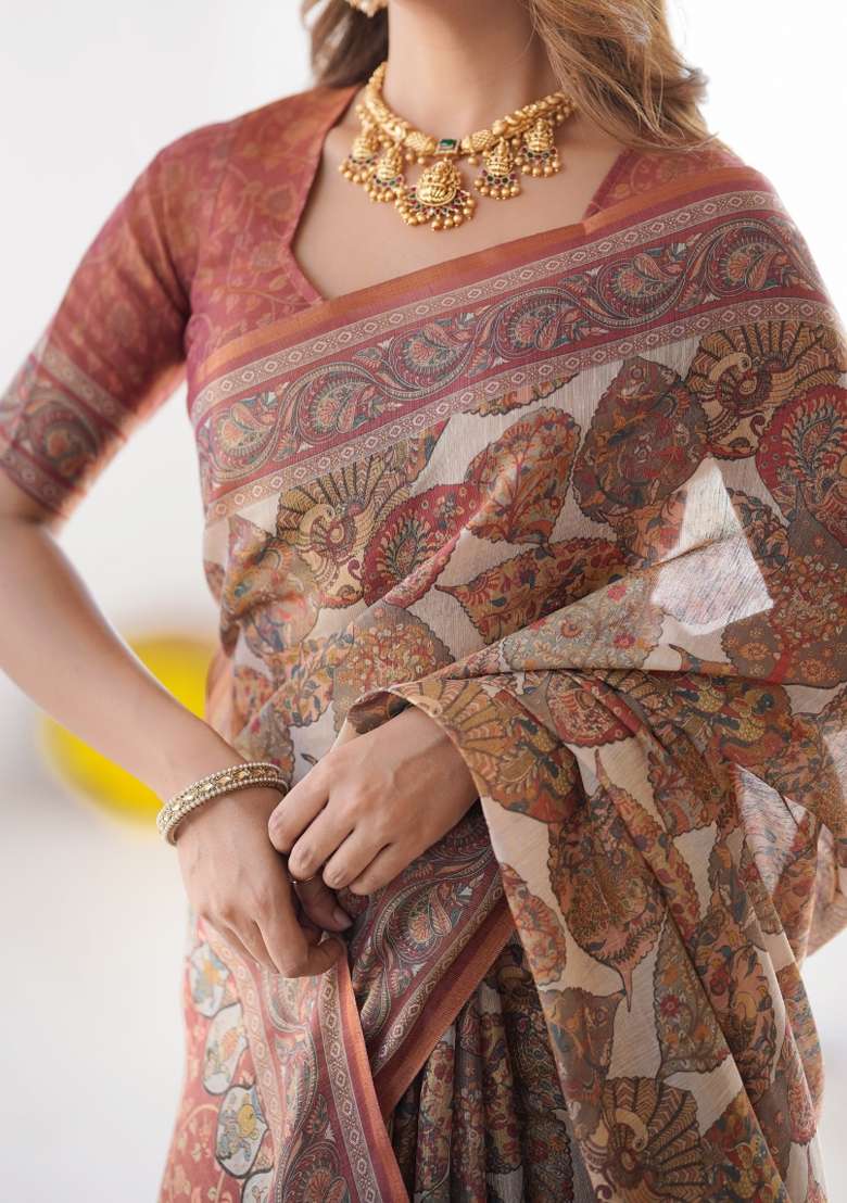 Multicolor Linen Saree for Diwali | Wedding & Festive Wear - Indya