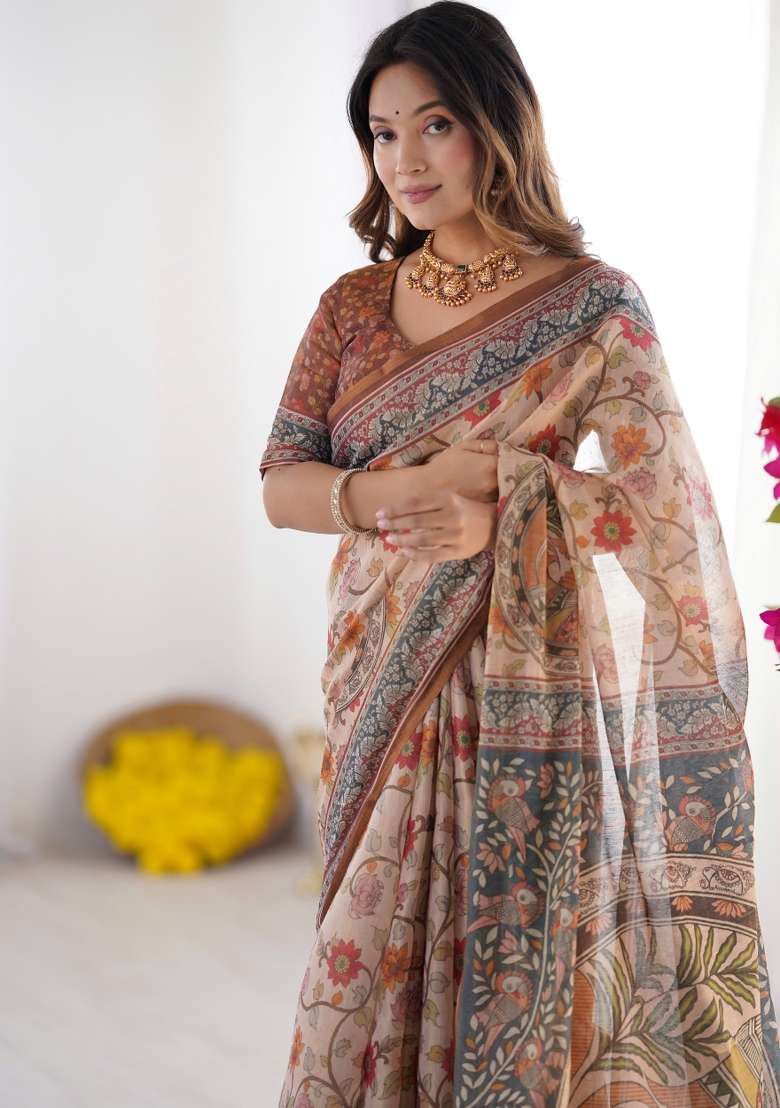 Multicolor Linen Saree for Diwali | Wedding & Festive Wear - Indya
