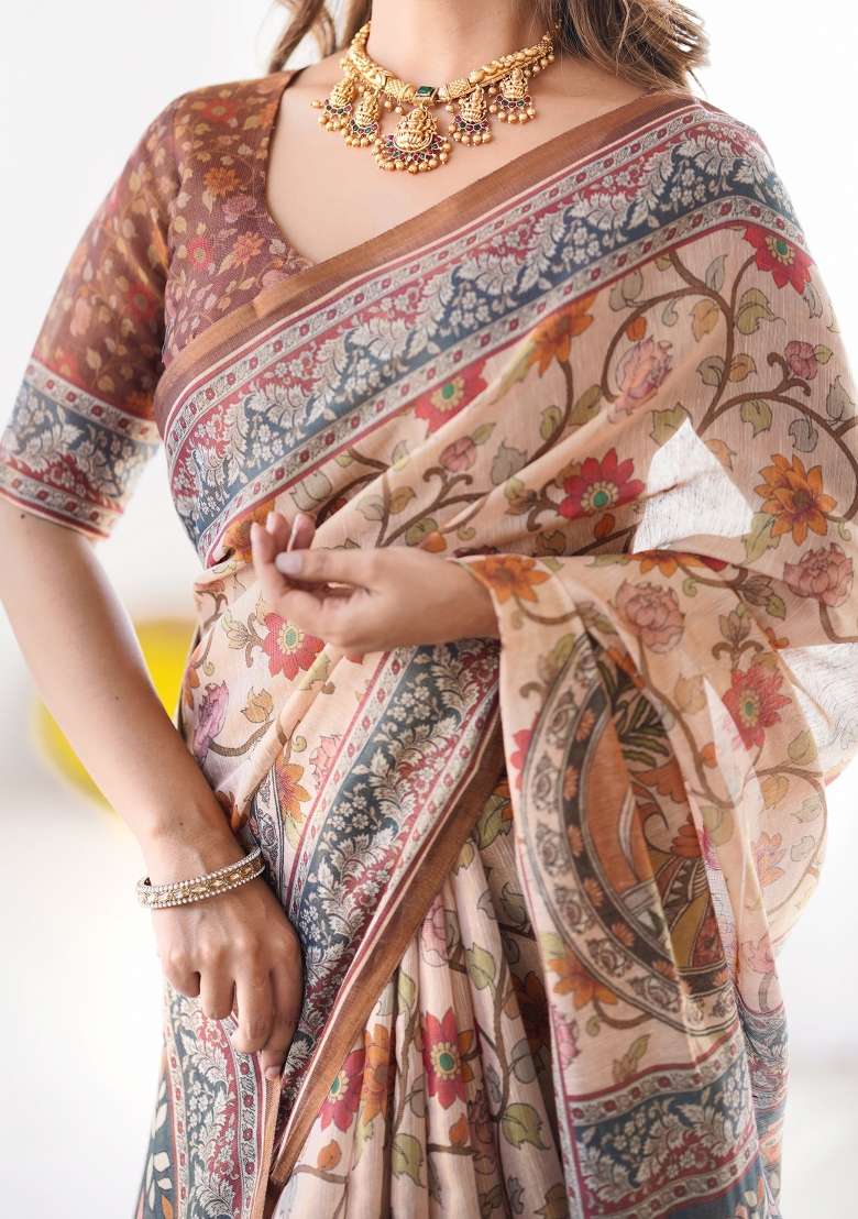 Multicolor Linen Saree for Diwali | Wedding & Festive Wear - Indya