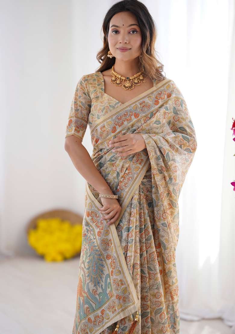 Multicolor Linen Saree for Diwali | Wedding & Festive Wear - Indya