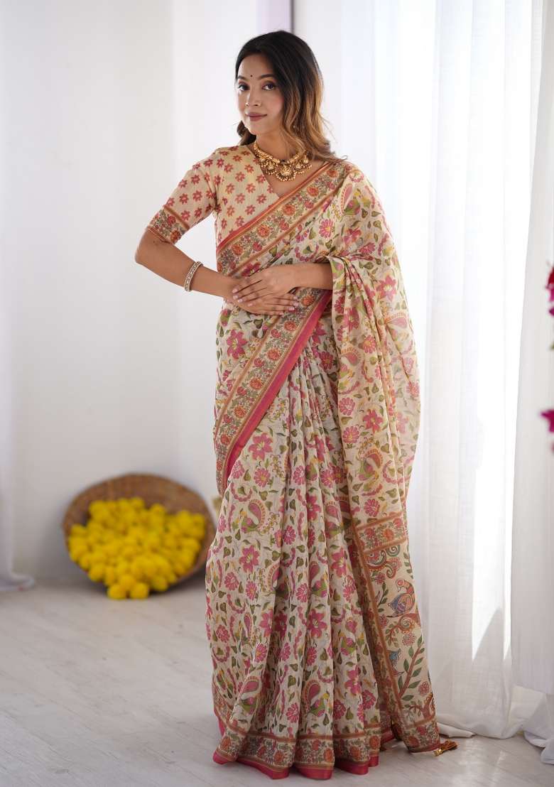 Multicolor Linen Saree for Diwali | Wedding & Festive Wear - Indya