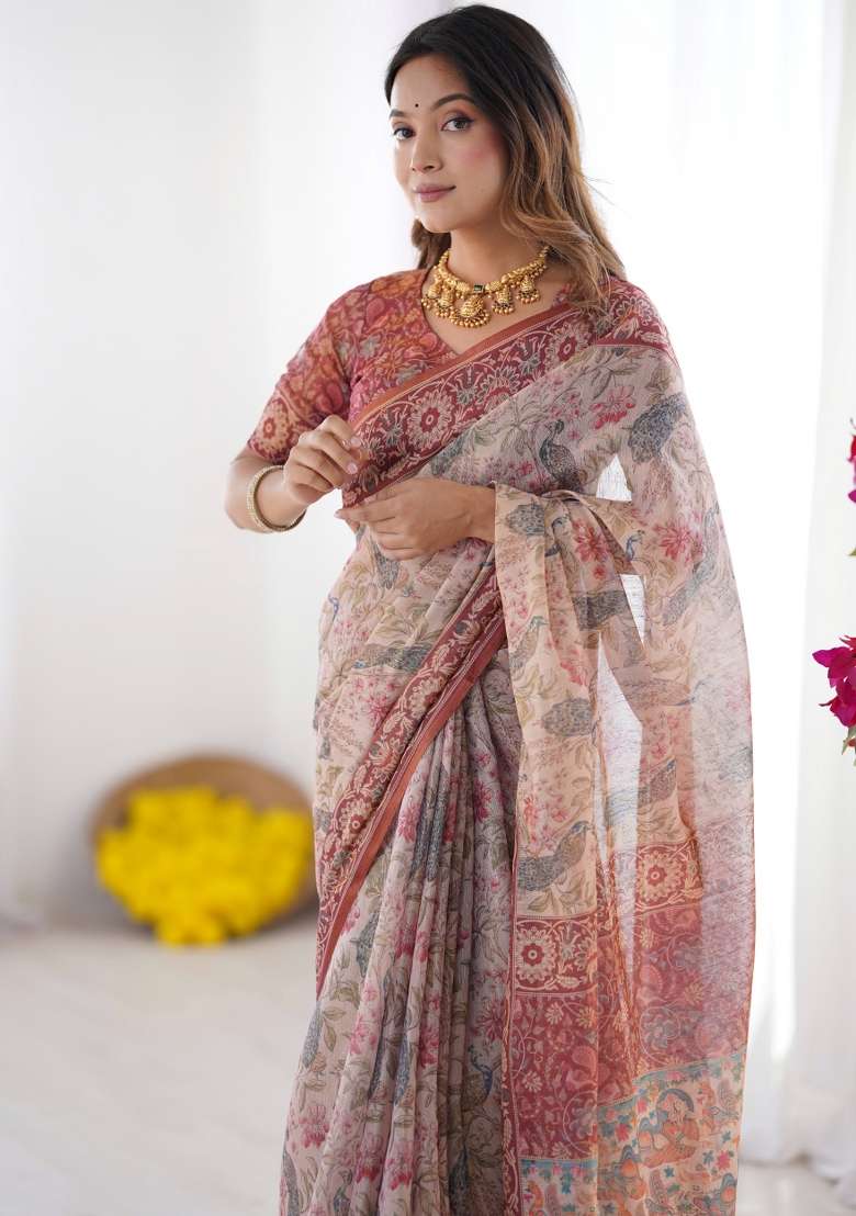 Multicolor Linen Saree for Diwali | Wedding & Festive Wear - Indya
