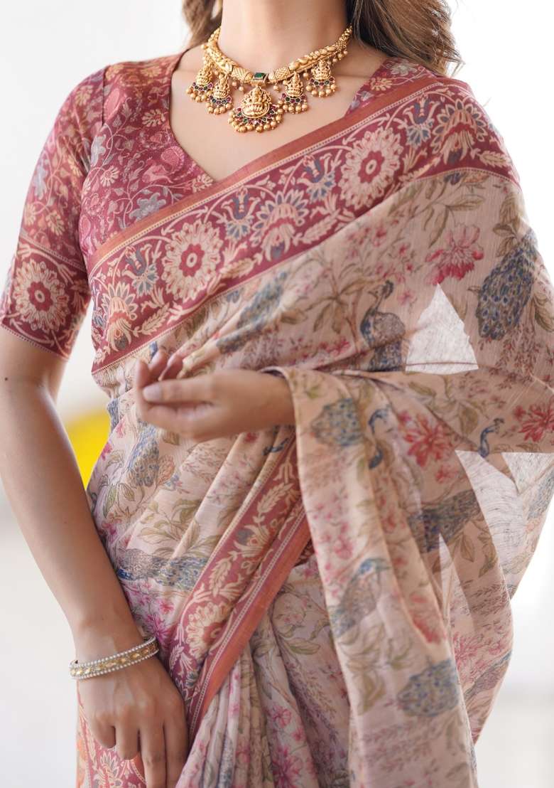 Multicolor Linen Saree for Diwali | Wedding & Festive Wear - Indya