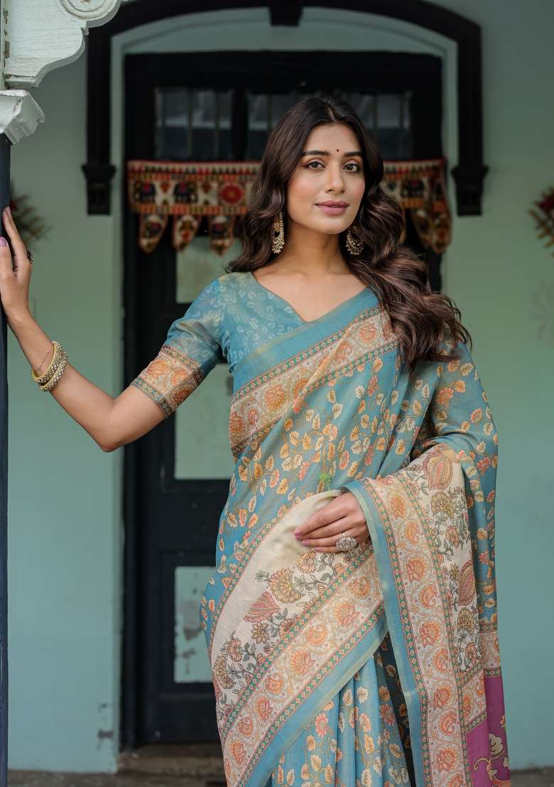 Multicolor Linen Saree for Diwali | Wedding & Festive Wear - Indya