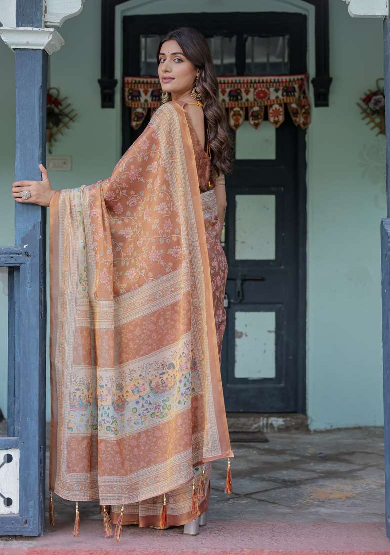 Multicolor Linen Saree for Diwali and Festive Wear - Indya