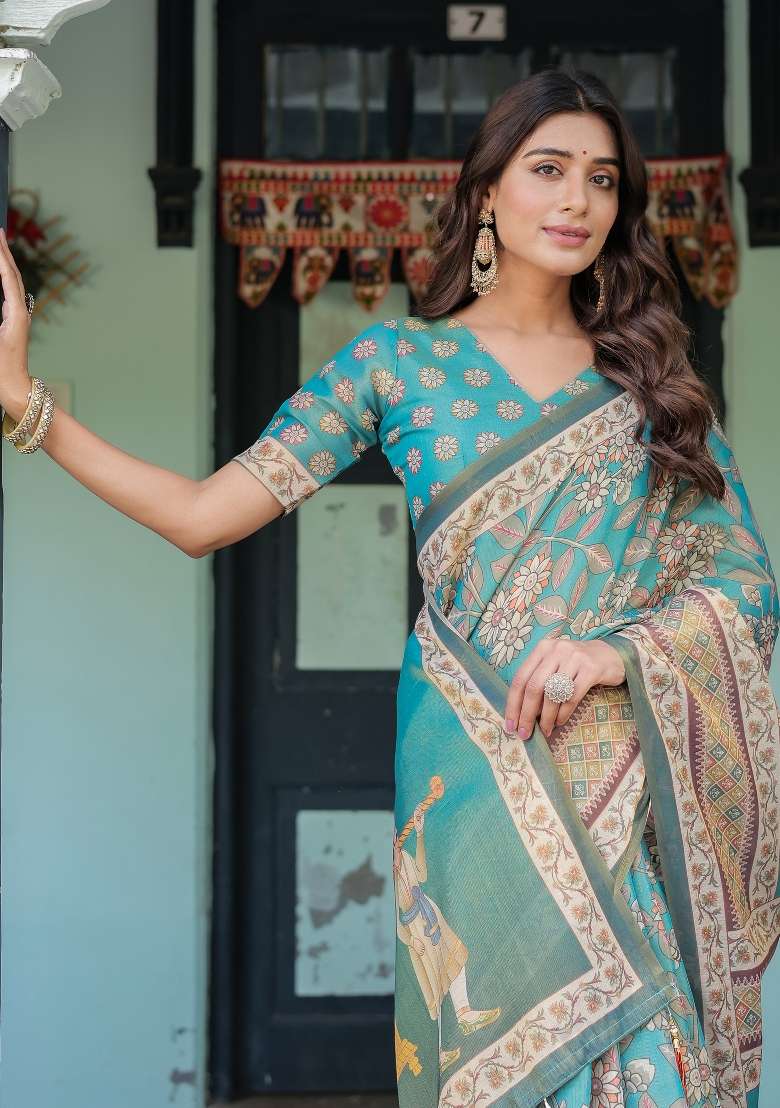Multicolor Linen Saree for Diwali and Festive Wear - Indya