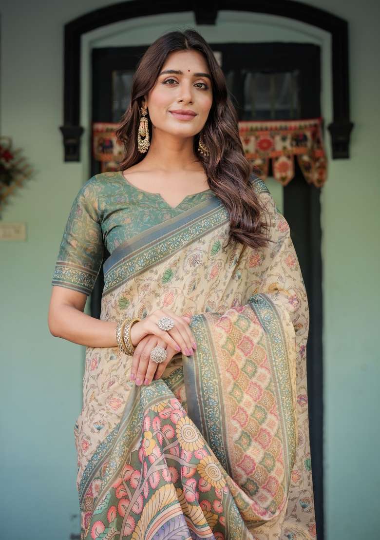Multicolor Linen Saree for Diwali and Festive Wear - Indya