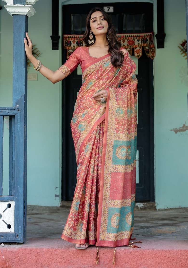 Multicolor Linen Saree for Diwali and Festive Wear - Indya