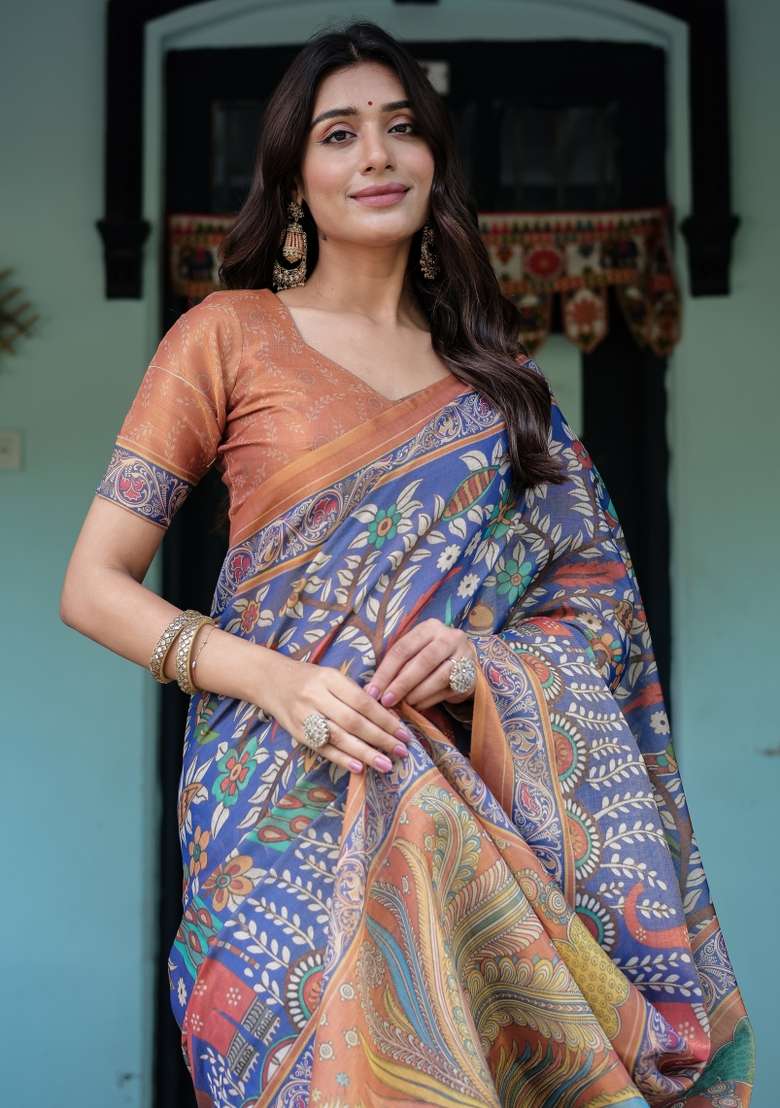 Multicolor Linen Saree for Diwali | Wedding & Festive Wear - Indya