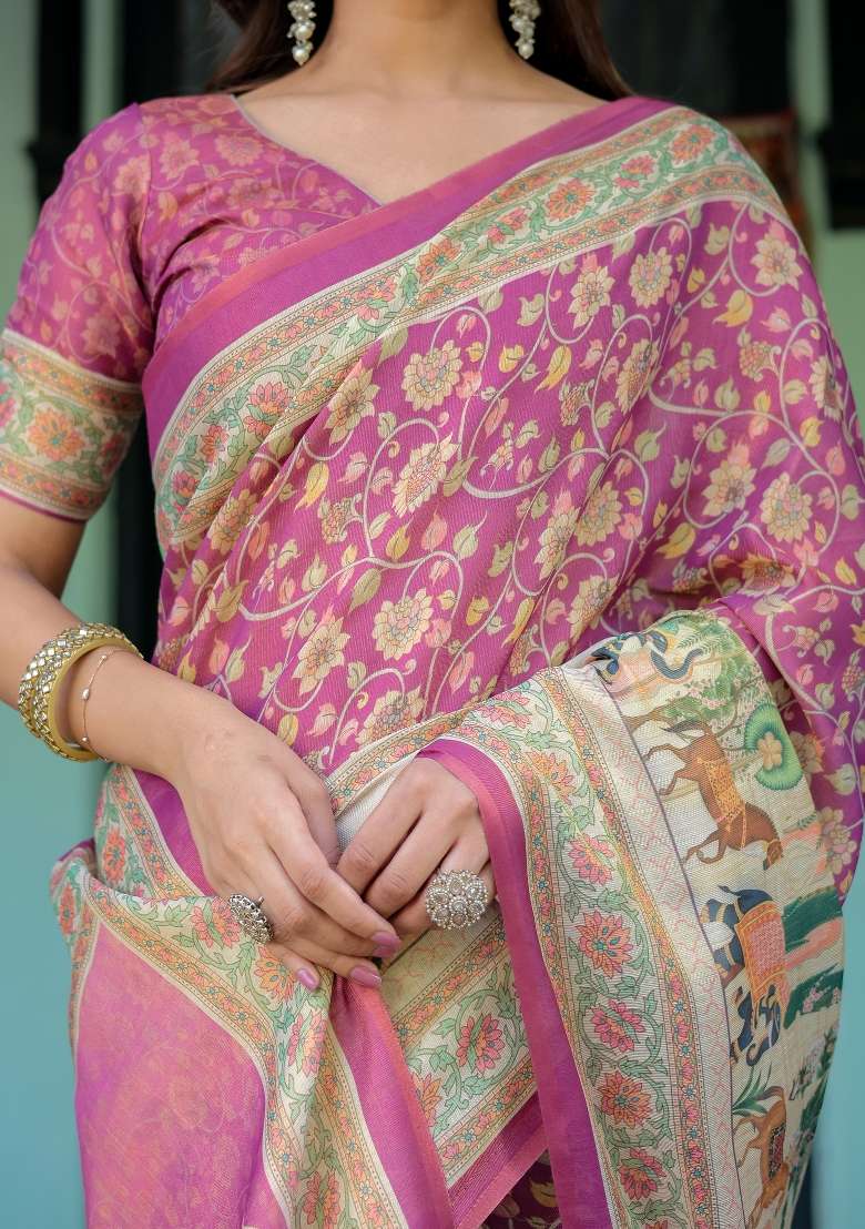 Multicolor Linen Saree for Diwali | Wedding & Festive Wear - Indya