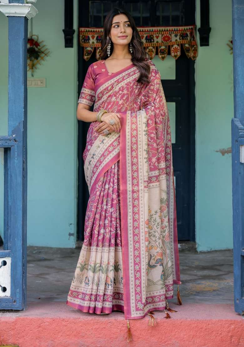 Multicolor Linen Saree for Diwali | Wedding & Festive Wear - Indya