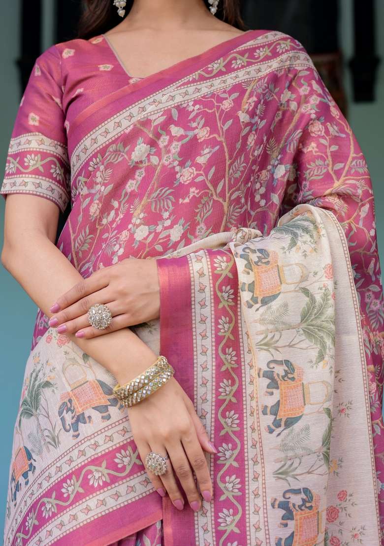 Multicolor Linen Saree for Diwali | Wedding & Festive Wear - Indya