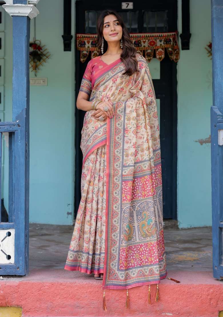 Multicolor Linen Saree for Diwali and Festive Wear - Indya
