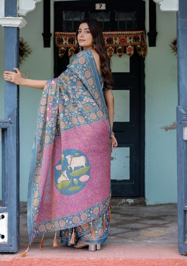 Multicolor Linen Saree for Diwali and Festive Wear - Indya