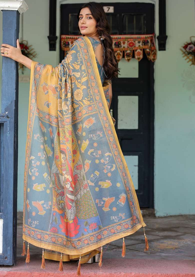 Multicolor Linen Saree for Diwali and Festive Wear - Indya