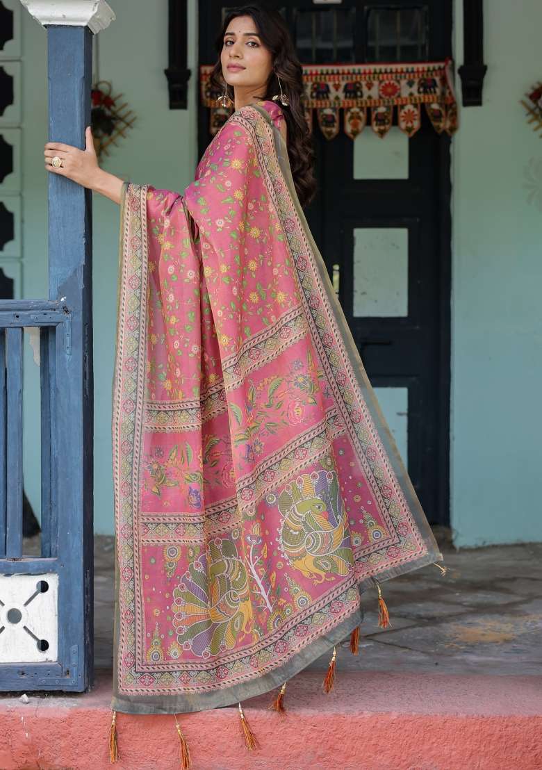 Multicolor Linen Saree for Diwali and Festive Wear - Indya