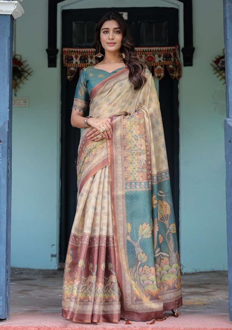 Multicolor Linen Saree for Diwali and Festive Wear - Indya