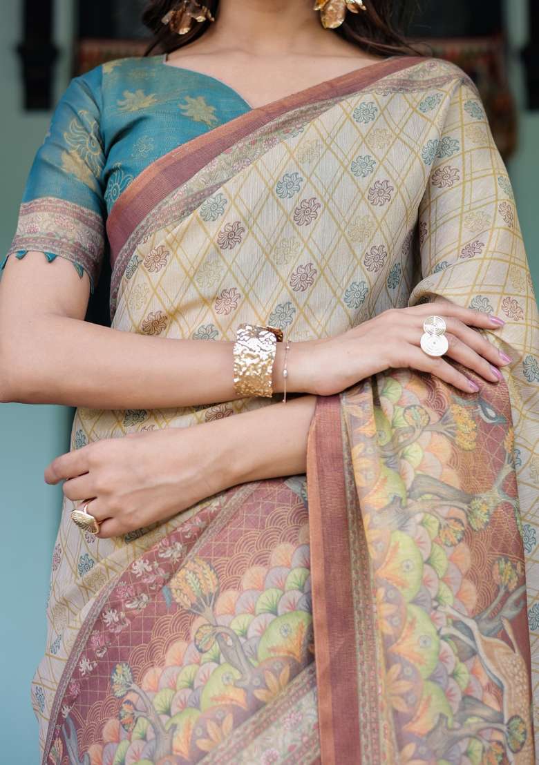 Multicolor Linen Saree for Diwali and Festive Wear - Indya