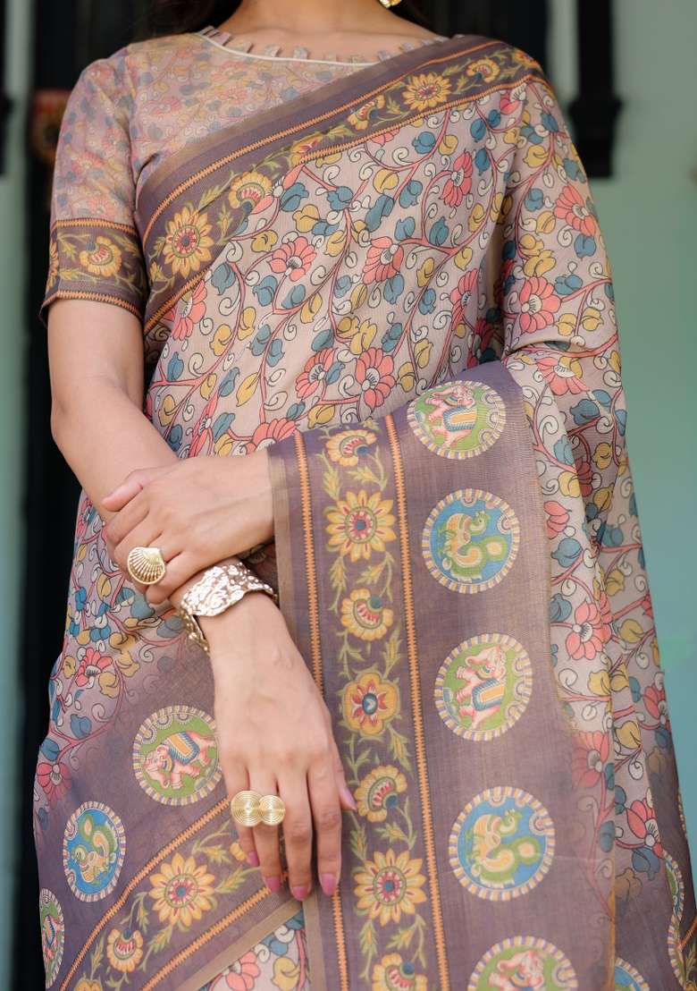 Multicolor Linen Saree for Diwali and Festive Wear - Indya