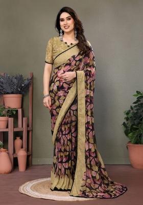 Brown Lace Work Chiffon Saree Set