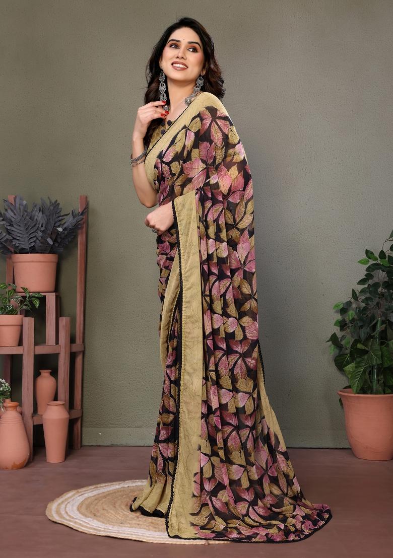 Brown Lace Work Chiffon Saree Set - Indya