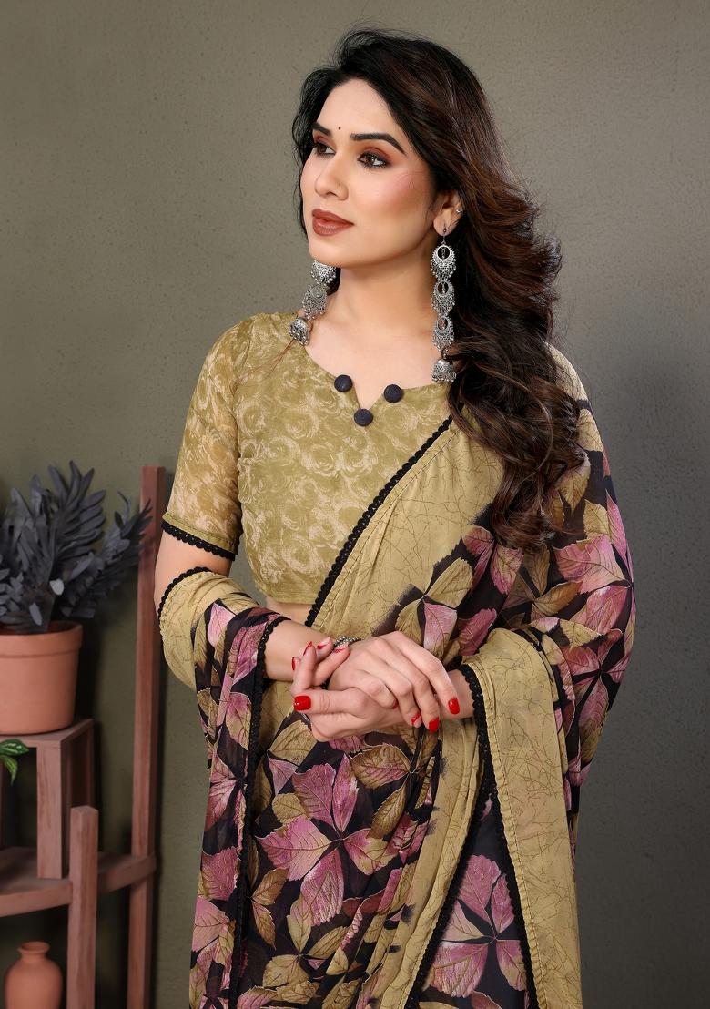 Brown Lace Work Chiffon Saree Set - Indya