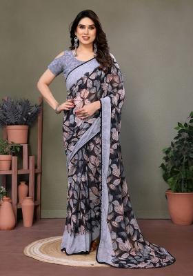 Grey Lace Work Chiffon Saree Set
