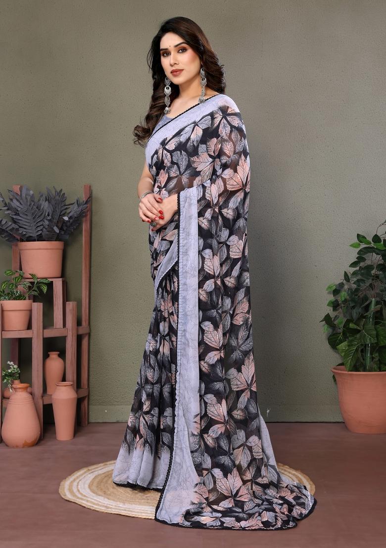 Grey Lace Work Chiffon Saree Set - Indya