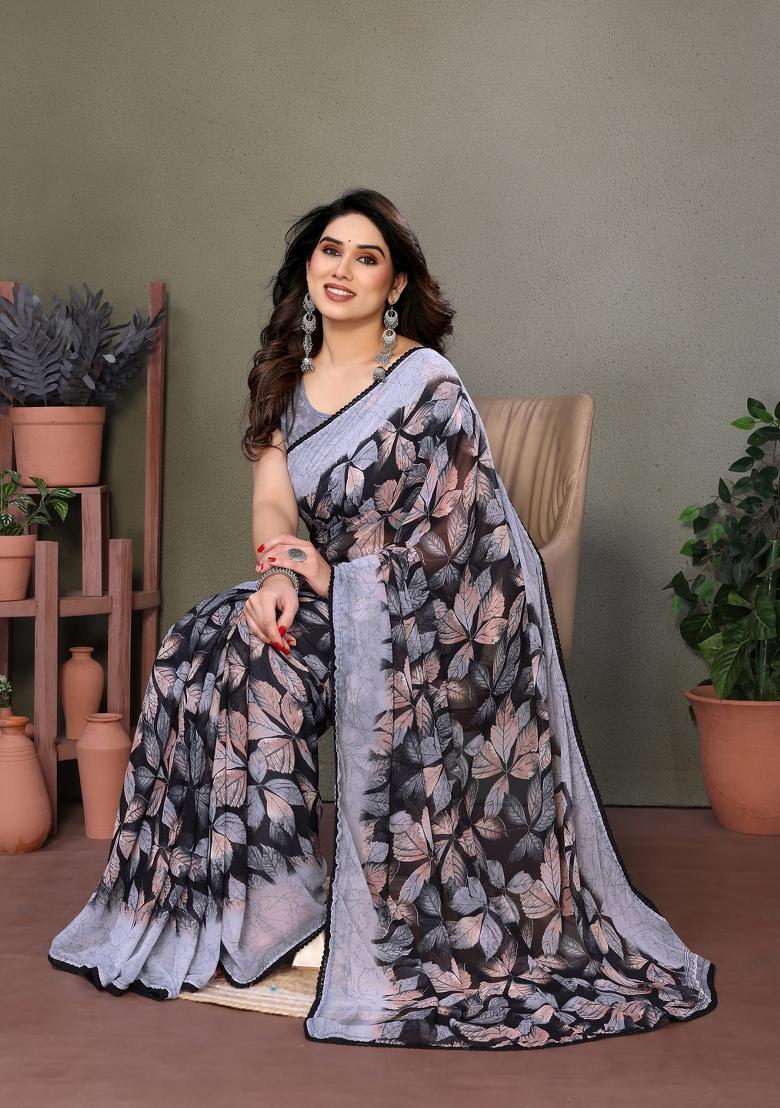 Grey Lace Work Chiffon Saree Set - Indya