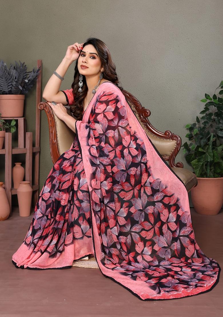 Pink Lace Work Chiffon Saree Set - Indya