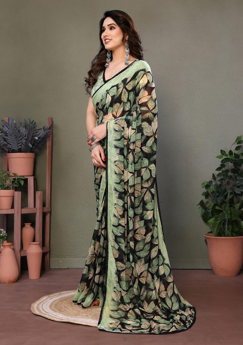 Green Lace Work Chiffon Saree Set - Indya