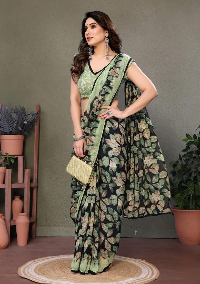 Green Lace Work Chiffon Saree Set - Indya