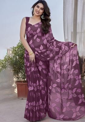 Purple Lace Work Chiffon Saree Set