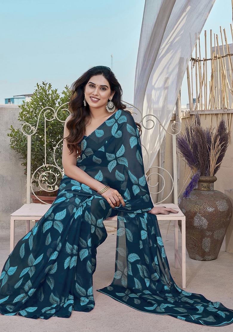 Rama Green Lace Work Chiffon Saree Set - Indya