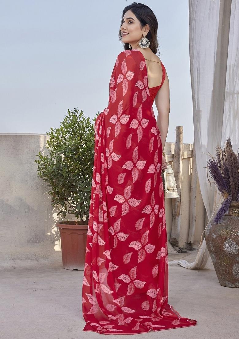 Red Lace Work Chiffon Saree Set - Indya