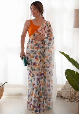 Orange Lace Work Chiffon Saree Set
