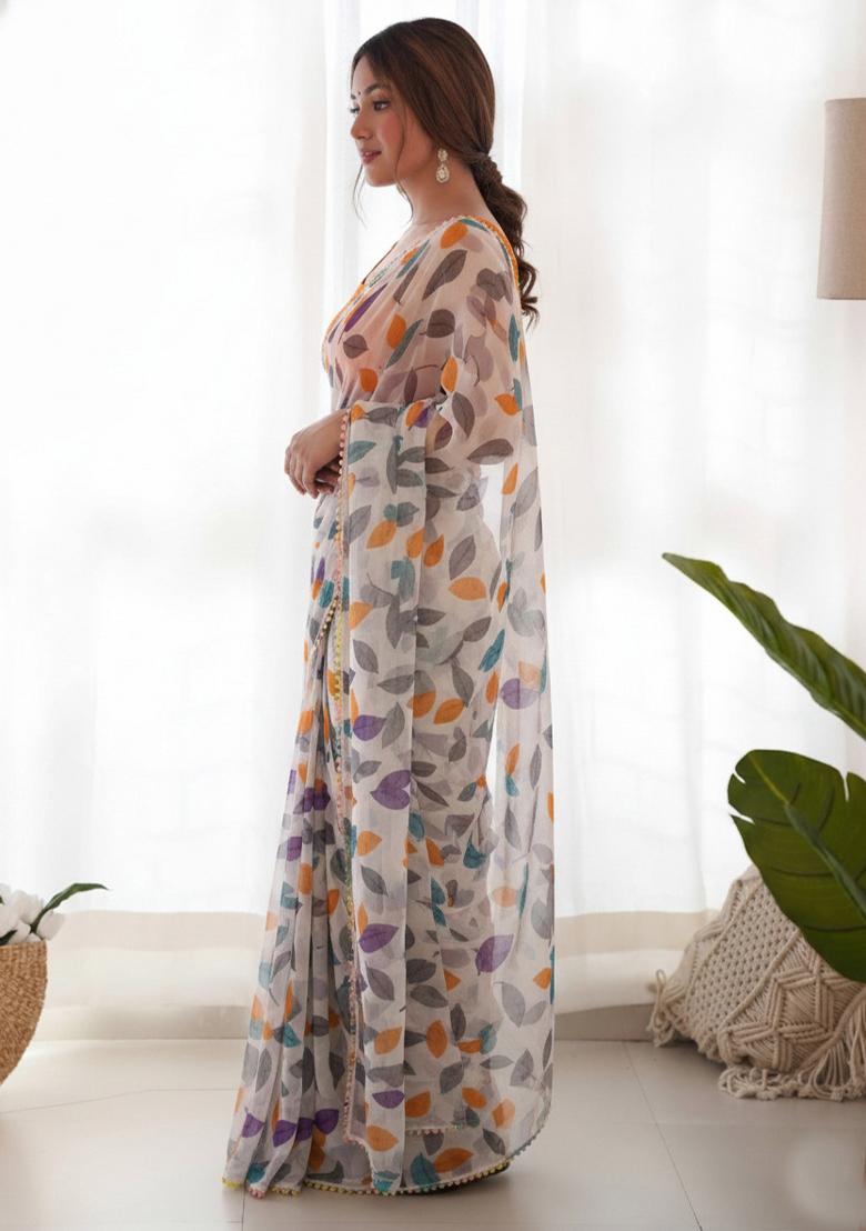 Orange Lace Work Chiffon Saree Set - Indya