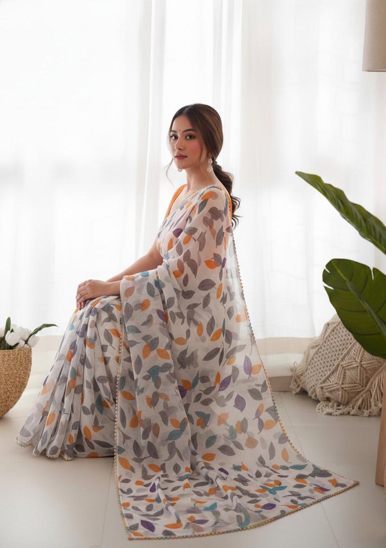 Orange Lace Work Chiffon Saree Set - Indya