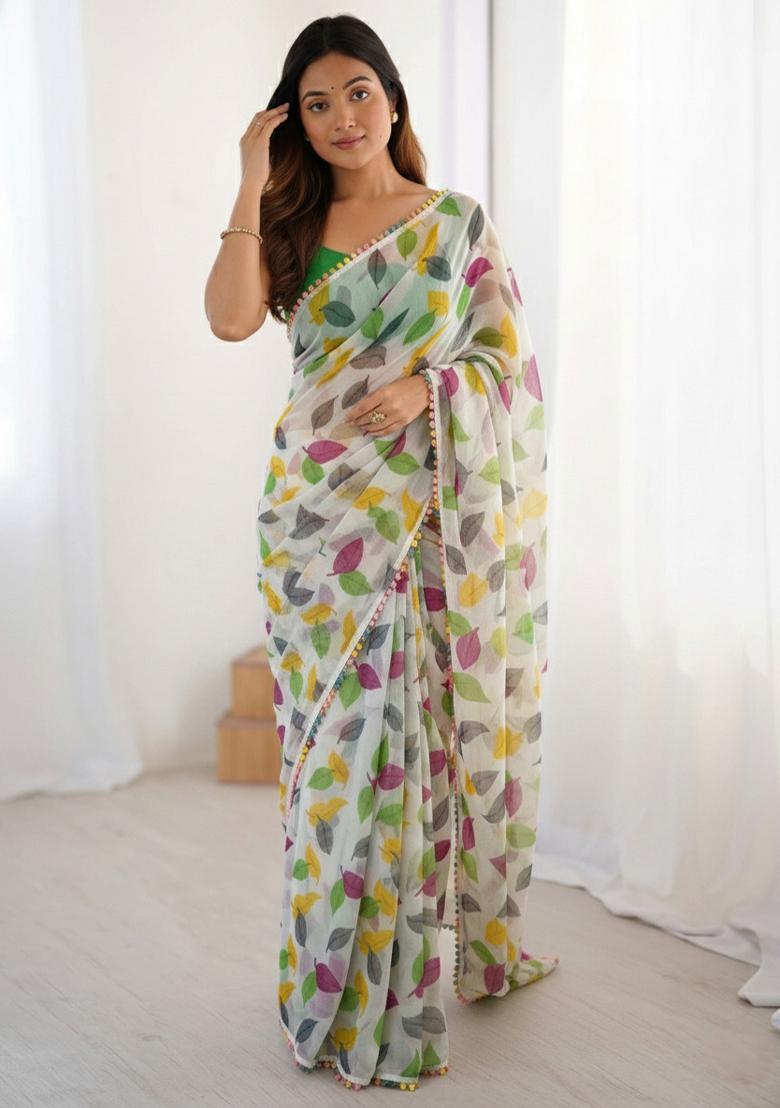 Green Lace Work Chiffon Saree Set - Indya