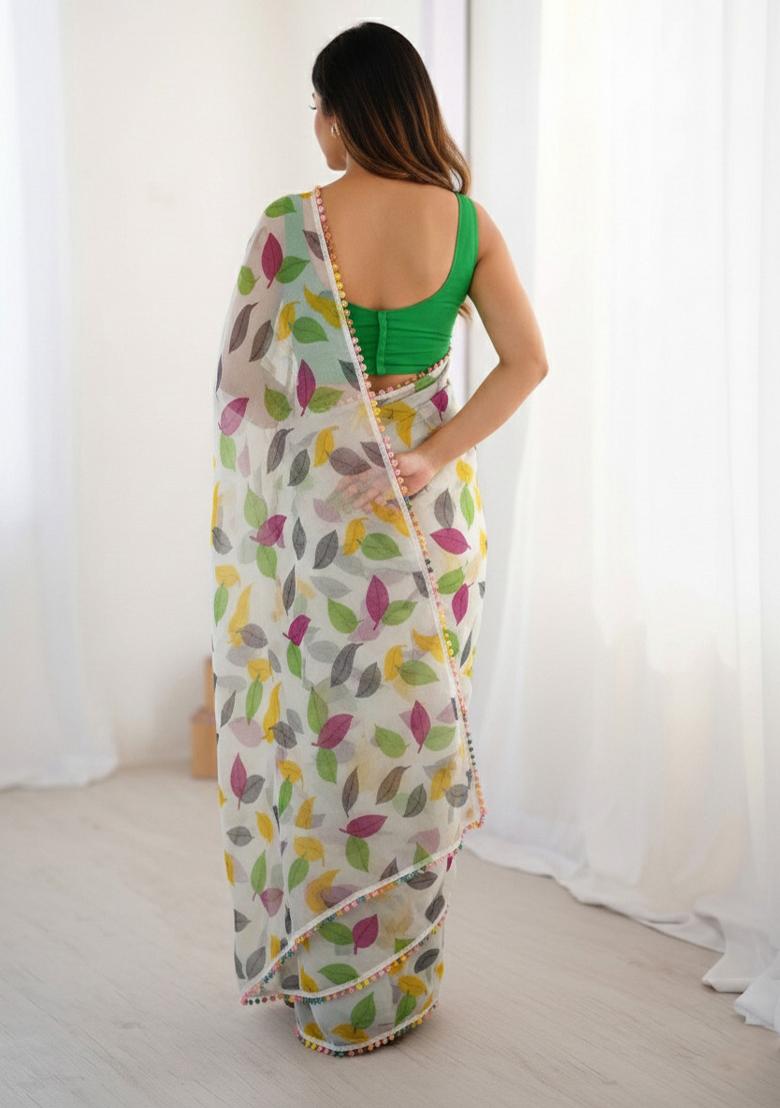 Green Lace Work Chiffon Saree Set - Indya